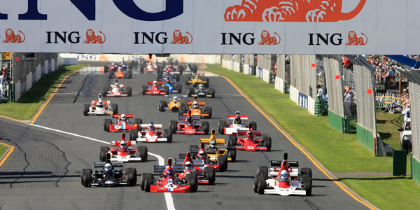 The start of the F5000 Tasman Cup revival Series race at the 2009 FORMULA 1T ING Australian Grand Prix meeting in Melbourne.  Copyright Fast Company/Alex Mitchell 2009.  Used with permission.