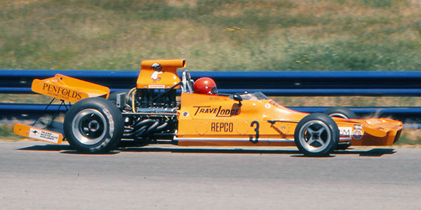 Frank Matich in his race Matich A51 during the race at Laguna Seca in 1973. Copyright Bob Moffett 2026. Used with permission.