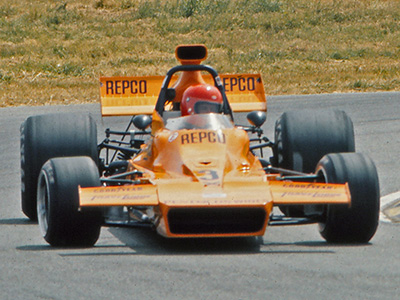 Frank Matich in his spare Matich A51 during practice at Laguna Seca in 1973. Copyright Bob Moffett 2026. Used with permission.
