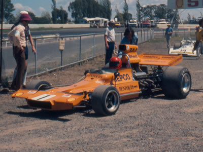 Frank Matich's Matich A50 on its way out to practice at the Sandown Park Tasman race in February 1973. Copyright Glenn Moulds 2005. Used with permission.