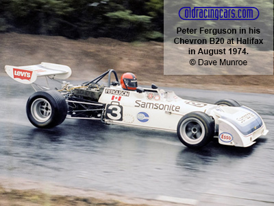 Peter Ferguson in his Samsonite-sponsored Chevron B20 at Atlantic Motorsport Park, Halifax, in August 1974. Copyright Dave Munroe 2021. Used with permission.