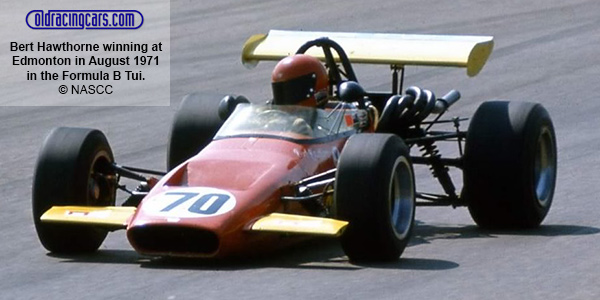 Bert Hawthorne in Allan McCall's Tui twin-cam on its way to victory at Edmonton in August 1971. Copyright owned by the Canadian Motorsport Hall of Fame. Used with permission. Bert Hawthorne in Allan McCall's Tui twin-cam on its way to victory at Edmonton in August 1971. Copyright owned by the Canadian Motorsport Hall of Fame. Used with permission.