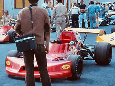 Mike Hall's Brabham BT40  with Falconer bodywork on the grid at Trois-Rivières in 1974. Copyright Paul Nemy 2020. Used with permission.