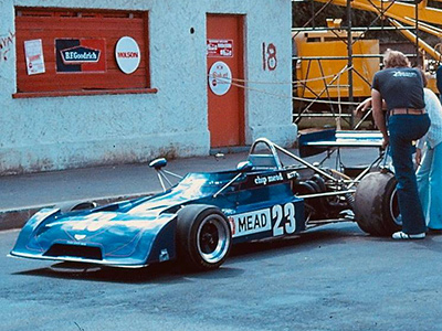Chip Mead's Chevron B27 on the grid at Trois-Rivières in 1974. Copyright Paul Nemy 2020. Used with permission.