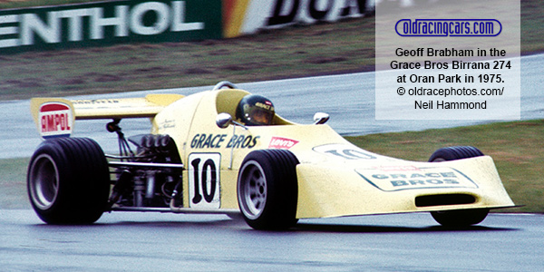 Geoff Brabham in the Grace Bros Birrana 274 at Oran Park in 1975.  Copyright oldracephotos.com.  Used with permission.