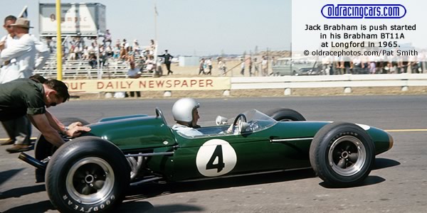 Jack Brabham is push started in his Brabham BT11A at Longford in 1965. Copyright oldracephotos.com/Pat Smith. Used with permission. Jack Brabham is push started in his Brabham BT11A at Longford in 1965. Copyright oldracephotos.com/Pat Smith. Used with permission.
