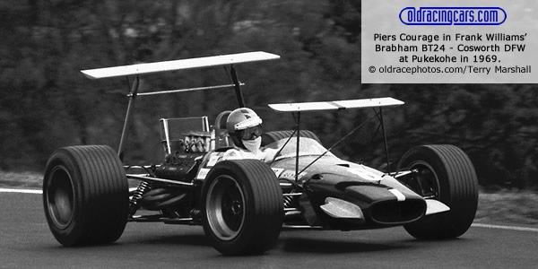 Piers Courage in Frank Williams? Brabham BT24 - Cosworth DFW at Pukekohe in 1969. Copyright oldracephotos.com/Terry Marshall. Used with permission. Piers Courage in Frank Williams? Brabham BT24 - Cosworth DFW at Pukekohe in 1969. Copyright oldracephotos.com/Terry Marshall. Used with permission.