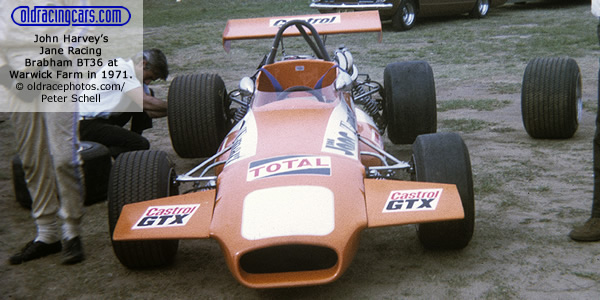 John Harvey's Jane Racing Brabham BT36 at Warwick Farm in 1971. Copyright oldracephotos.com/Peter Schell. Used with permission. John Harvey's Jane Racing Brabham BT36 at Warwick Farm in 1971. Copyright oldracephotos.com/Peter Schell. Used with permission.