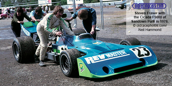 Steven Fraser with the Cicada F5000 at Sandown Park in 1976.  Copyright oldracephotos.com/Neil Hammond. Used with permission.