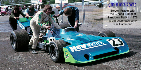Steven Fraser with the Cicada F5000 at Sandown Park in 1976. Copyright oldracephotos.com/Neil Hammond. Used with permission. Steven Fraser with the Cicada F5000 at Sandown Park in 1976. Copyright oldracephotos.com/Neil Hammond. Used with permission.