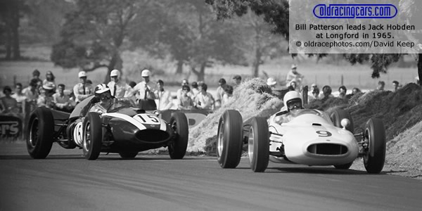 Bill Patterson leads Jack Hobden during practice for the Australian Grand Prix at Longford in 1965. Copyright oldracephotos.com/David Keep. Used with permission. Bill Patterson leads Jack Hobden during practice for the Australian Grand Prix at Longford in 1965. Copyright oldracephotos.com/David Keep. Used with permission.