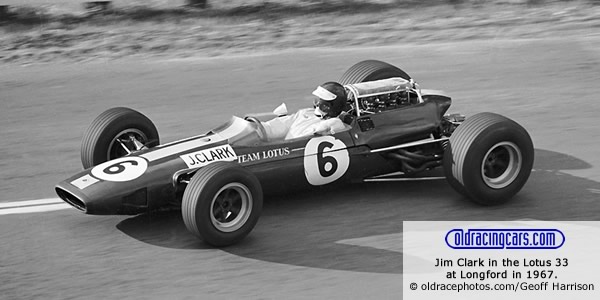 Jim Clark in the Lotus 33 at Longford in 1967. Copyright oldracephotos.com/com/David Keep. Used with permission. Jim Clark in the Lotus 33 at Longford in 1967. Copyright oldracephotos.com/com/David Keep. Used with permission.