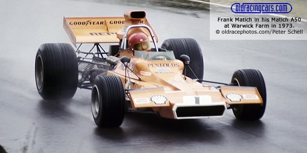 Frank Matich in his Matich A50 at Warwick Farm in 1973. Copyright oldracephotos.com/Peter Schell. Used with permission. Frank Matich in his Matich A50 at Warwick Farm in 1973. Copyright oldracephotos.com/Peter Schell. Used with permission.