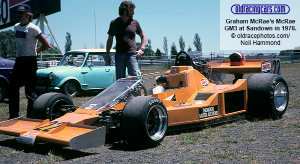 Graham McRae's McRae GM3 at Sandown Park in 1978. Copyright oldracephotos.com/Neil Hammond. Used with permission. Graham McRae's McRae GM3 at Sandown Park in 1978. Copyright oldracephotos.com/Neil Hammond. Used with permission.