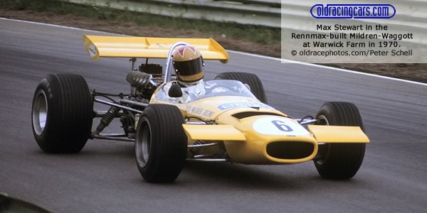 Max Stewart in the Rennmax-built Mildren-Waggott at Warwick Farm in 1970. Copyright oldracephotos.com/Peter Schell. Used with permission. Max Stewart in the Rennmax-built Mildren-Waggott at Warwick Farm in 1970. Copyright oldracephotos.com/Peter Schell. Used with permission.
