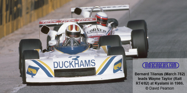 Bernard Tilanus (March 782) leads Wayne Taylor (Ralt RT4/82) at Kyalami in 1986. Copyright motoprint.co.za/David Pearson 2024. Used with permission. Bernard Tilanus (March 782) leads Wayne Taylor (Ralt RT4/82) at Kyalami in 1986. Copyright motoprint.co.za/David Pearson 2024. Used with permission.