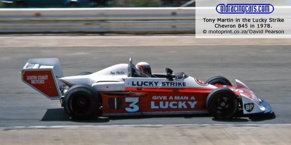 Tony Martin in the Lucky Stripe Chevron B45 at Kyalami in 1978.  Copyright motoprint.co.za/David Pearson.  Used with permission.