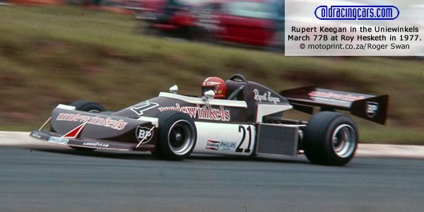 Rupert Keegan in the Uniewinkels March 77B at Kyalami in 1977. Copyright motoprint.co.za/Roger Swann 2012. Used with permission. Rupert Keegan in the Uniewinkels March 77B at Kyalami in 1977. Copyright motoprint.co.za/Roger Swann 2012. Used with permission.