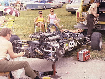 The Brabham BT23B of Al Pease receives some attention in the Mosport Park paddock in 1970. Copyright John Sadler 2011. Used with permission.