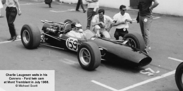 Charlie Laugesen waits in his Conrero - Ford twin cam at Mont Tremblant in July 1968.  Copyright Michael Scott 2013. Used with permission.