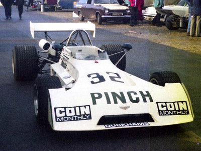 Peter Williams' Coin Monthly Chevron B27 in the paddock at Thruxton in November 1974. Copyright Andrew Scriven 2010. Used with permission.