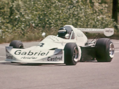 Craig Hill's Gabriel-sponsored Ecurie Canada March 75B at Westwood in May 1975. Copyright Kevin Skinner 2020. Used with permission.