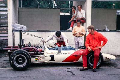 Sam Posey in his Classic Wax McLaren M10A in the pitlane at Mont Tremblant in September 1969. Copyright Bruce Stewart 2017. Used with permission.