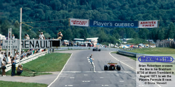 Brian Robertson crosses the line in his Brabham BT35 at Mont-Trembland in August 1971 to win the Players Formula Atlantic Series Race.  Copyright Bruce Stewart 2017.  Used with permission.