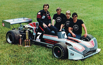 Roger Riekenberg and the March 73B and his crew in 1980: main mechanic Bill Munholland, his son Bill Jr, and second mechanic Jim Jacques. Copyright Roger Riekenberg 2020. Used with permission.