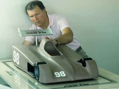 Peter Brock with the original model of the Shelby Can-Am. Copyright Peter Brock 2018.  Used with permission.