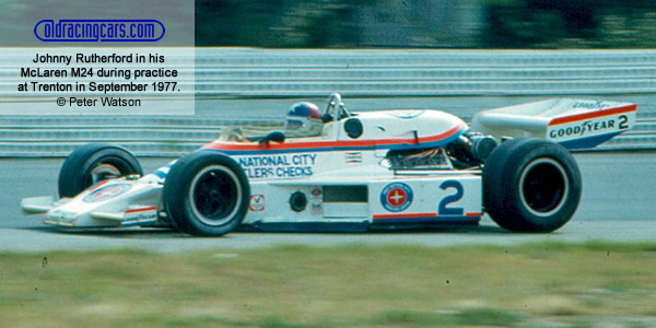 Johnny Rutherford in his
McLaren M24 during practice
at Trenton in September 1977. Copyright Peter Watson 2020. Used with permission. Johnny Rutherford in his
McLaren M24 during practice
at Trenton in September 1977. Copyright Peter Watson 2020. Used with permission.