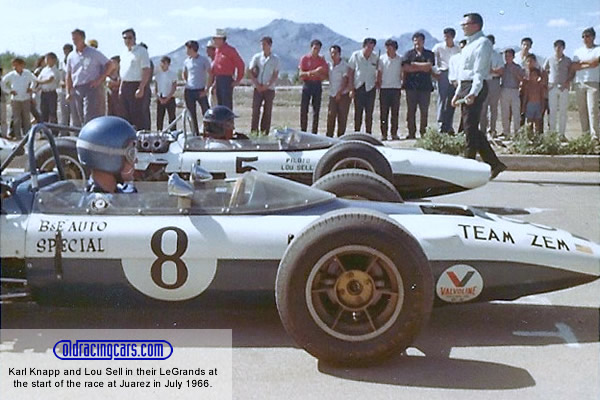 Karl Knapp and Lou Sell in their LeGrand Mk 3Bss at the start of the race at Juarez in July 1966.  Copyright Bill Wolfe 2017.  Used with permission.